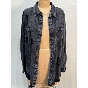 Vanilla Bay Womens Black Acid Wash Cotton Distressed Denim Shacket Jacket NWT